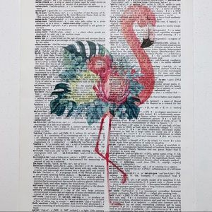 Dictionary Art Print Floral Flamingo, Vintage Art Print